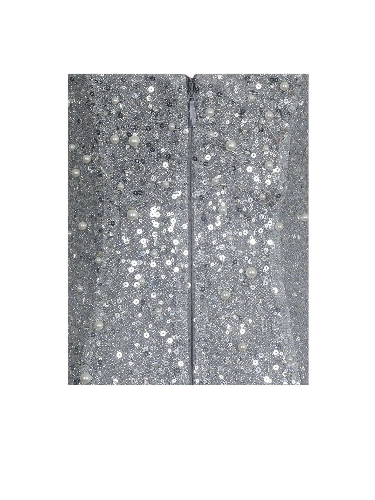 Noelle Silver Sequin Pearl-Embellished Sweetheart Maxi Dress