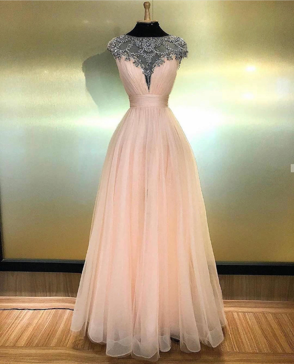 Blush Pink Long Crystals Tulle A Line