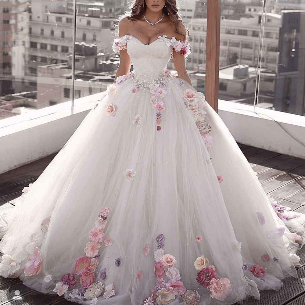 sweetheart neckline handmade 3d flowers ball gown
