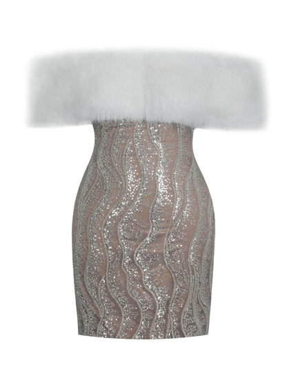Averie White Fur Off-Shoulder Beige Sequin Mini Dress