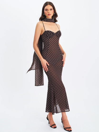 Yadira Brown Base Polka Dot Chiffon Maxi Dress
