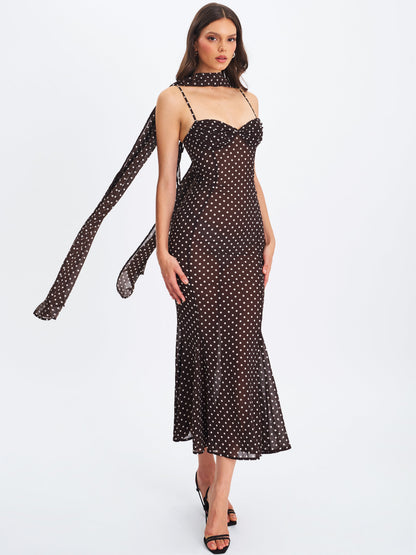 Yadira Brown Base Polka Dot Chiffon Maxi Dress