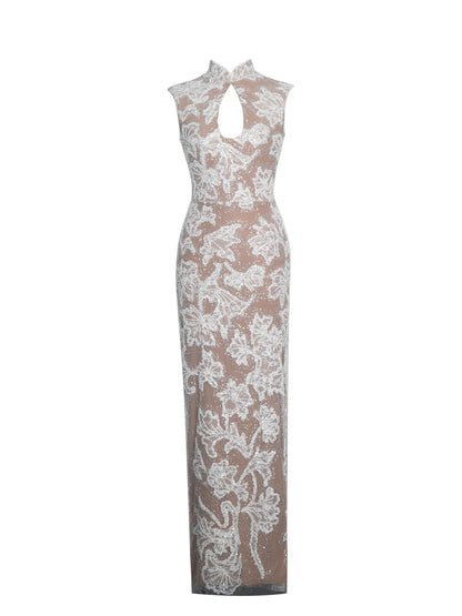 Tavia White Beaded Teardrop Neckline Maxi Dress