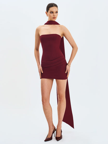 Ovelia Crimson Satin Ribbon Strapless Mini Dress