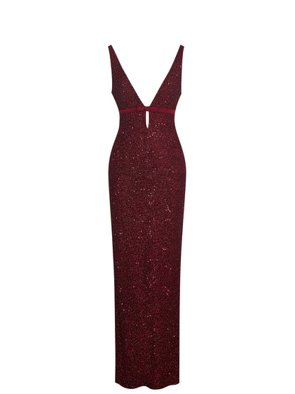 Elora Crimson Sequin Beaded Keyhole Maxi Dress