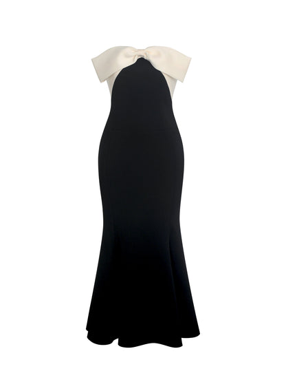 Saige Black Mermaid Midi Dress with Ivory Bow Bustline