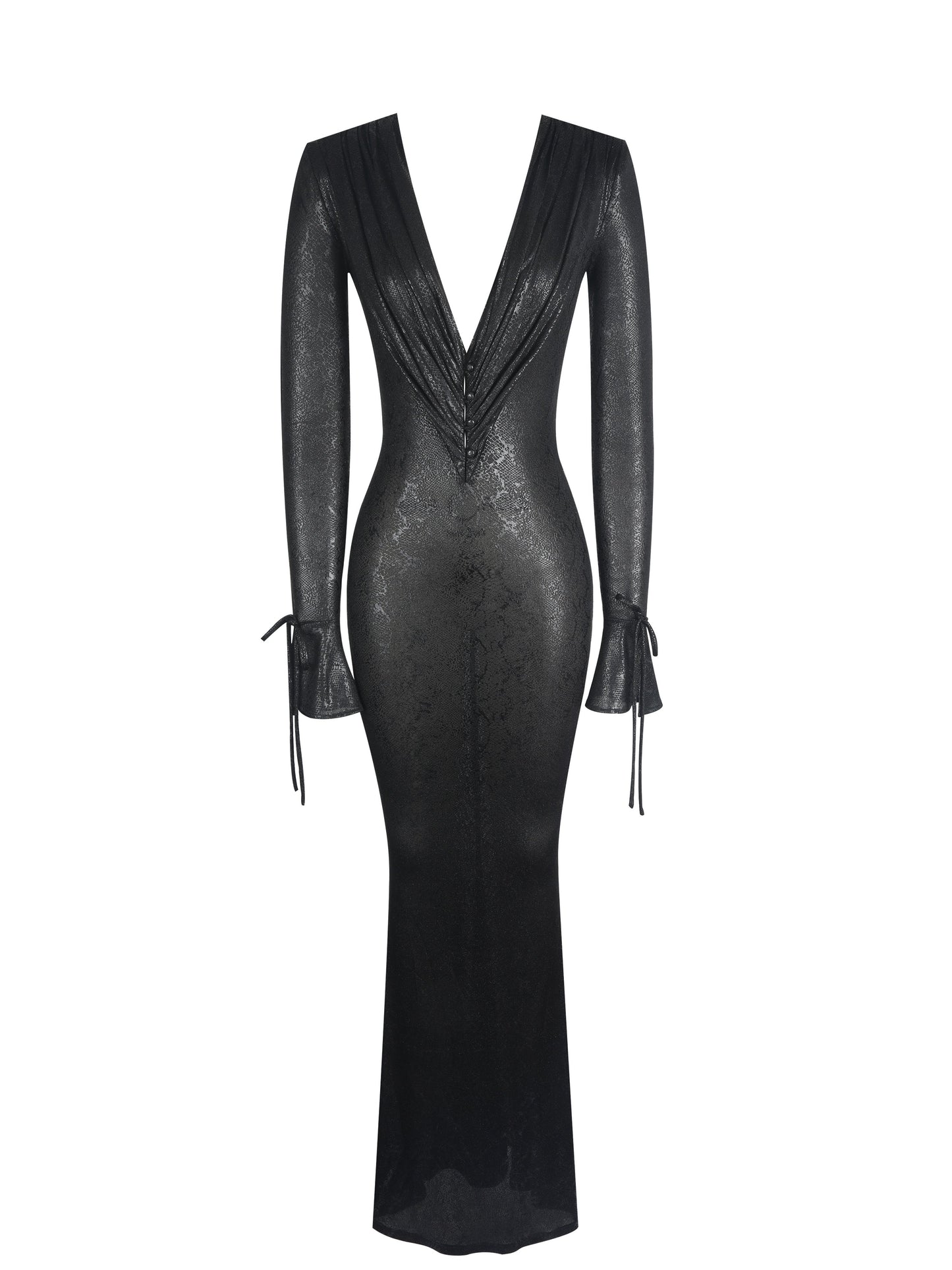 Ilysia Black V-Neck Plunge Snakeskin Mermaid Hem Maxi Dress