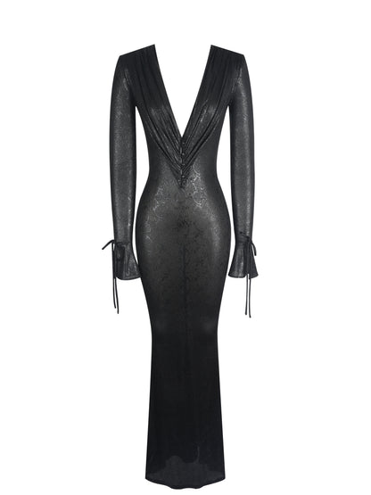 Ilysia Black V-Neck Plunge Snakeskin Mermaid Hem Maxi Dress