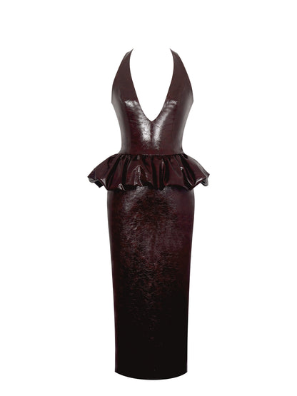 Jaslene Mahogany Ruched Peplum Plunge Halter Midi Dress