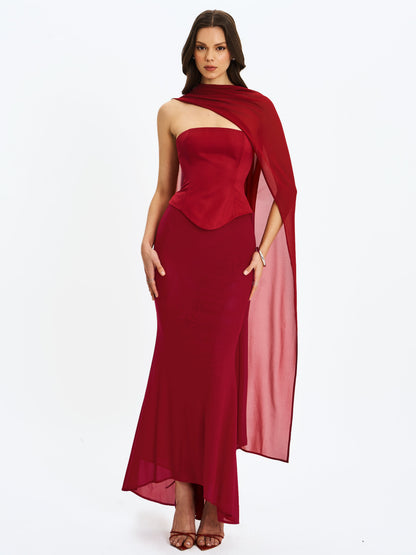 Giselle Crimson Peplum Mermaid Gown with Chiffon Scarf