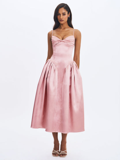 Tullia Dusty Rose Satin Ruched Midi Dress