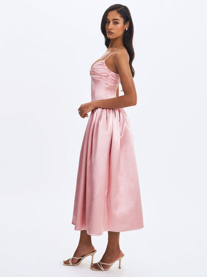 Tullia Dusty Rose Satin Ruched Midi Dress