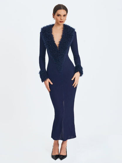 Romina Navy Plunging Fur Trimmed Crochet Maxi Dress