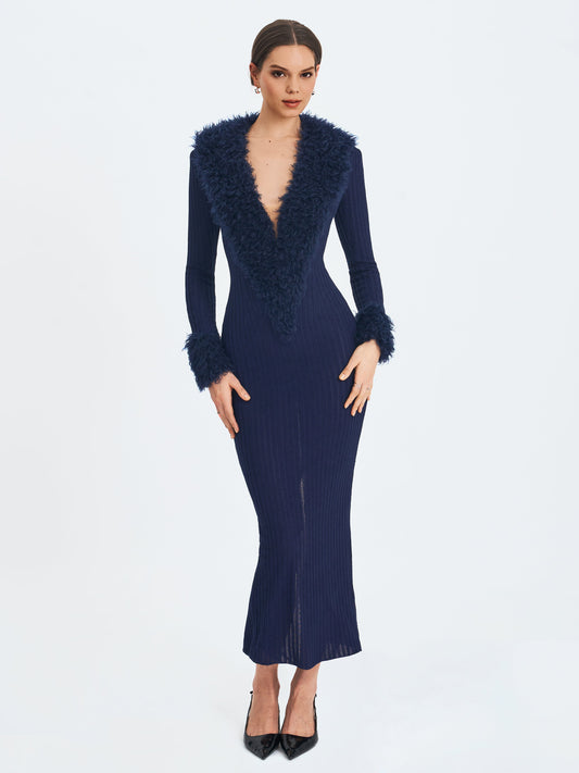 Romina Navy Plunging Fur Trimmed Crochet Maxi Dress