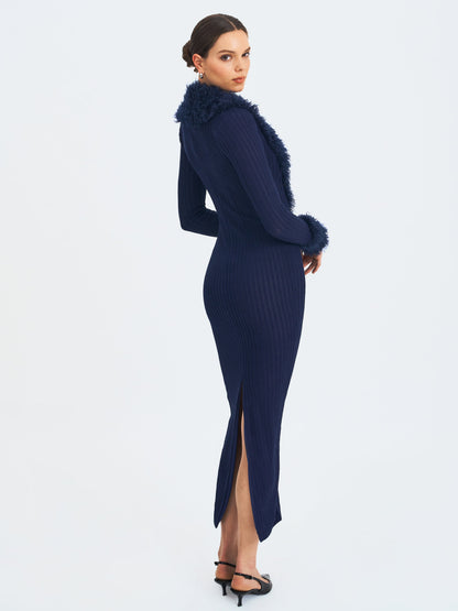 Romina Navy Plunging Fur Trimmed Crochet Maxi Dress