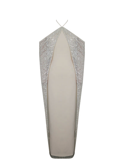 Quimera Almond Beaded Cape Halter Off-Shoulder Maxi Gown
