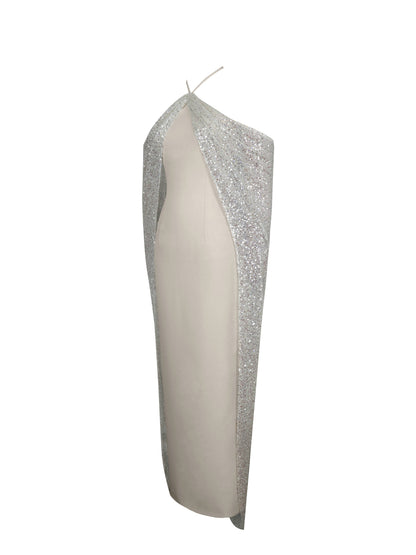 Quimera Almond Beaded Cape Halter Off-Shoulder Maxi Gown
