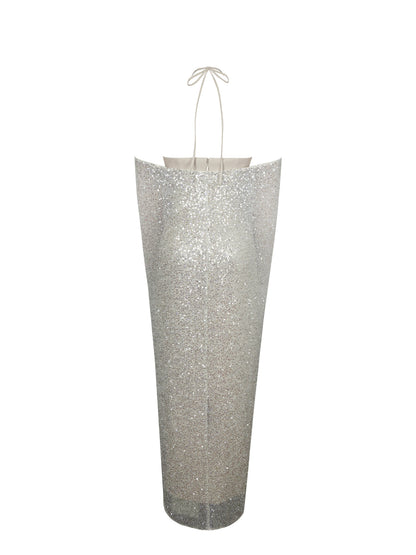 Quimera Almond Beaded Cape Halter Off-Shoulder Maxi Gown