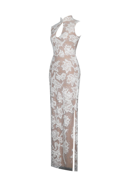 Tavia White Beaded Teardrop Neckline Maxi Dress