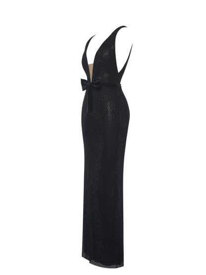 Olympia Black Belted Bow Plunging Rhinestone Maxi Dress