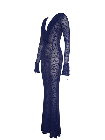 Ilyse Navy V-Neck Plunge Animal Print Mermaid Hem Maxi Dress