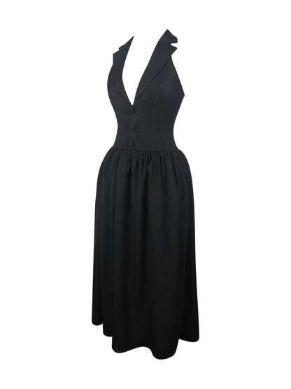 Delaney Black Lapel Halter Midi A-Line Dress