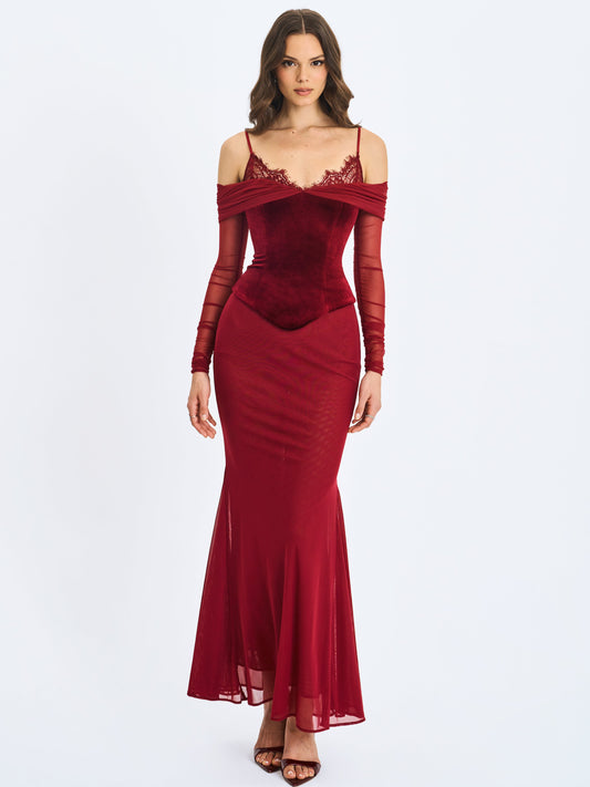 Maybelle Magenta Bardot Lace Strap Peplum Maxi Dress