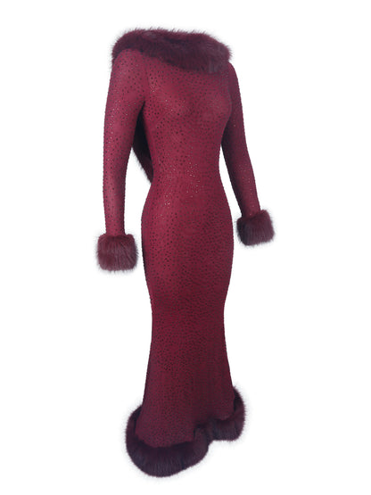 Mellie Burgundy Regular-Length Rhinestone Mesh Low Back Mermaid Gown