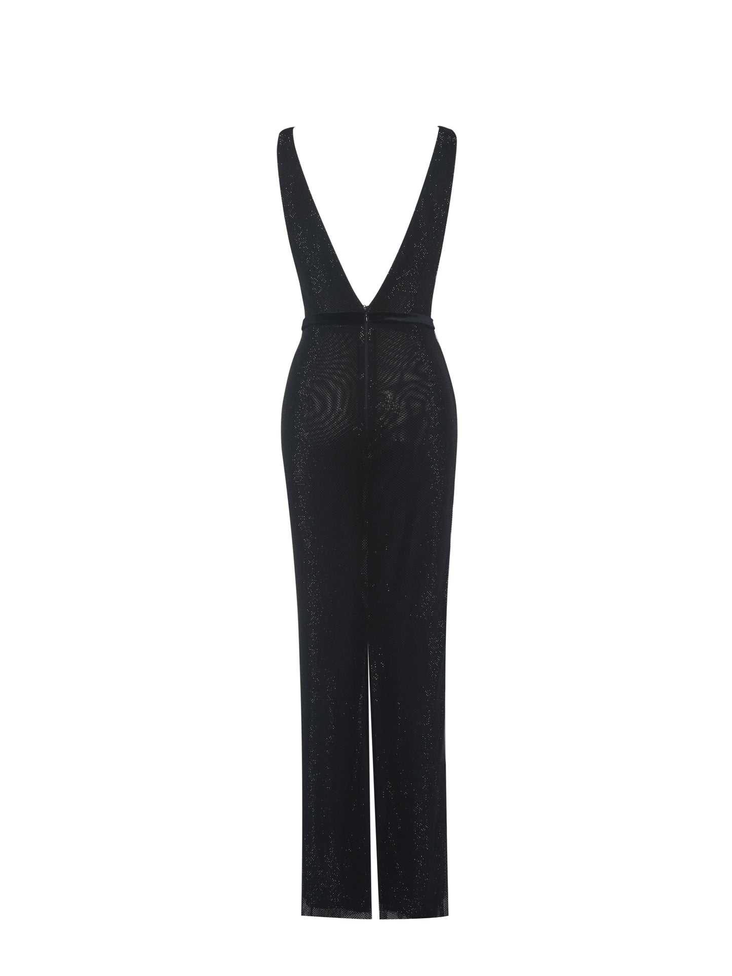 Olympia Black Belted Bow Plunging Rhinestone Maxi Dress