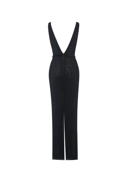 Olympia Black Belted Bow Plunging Rhinestone Maxi Dress