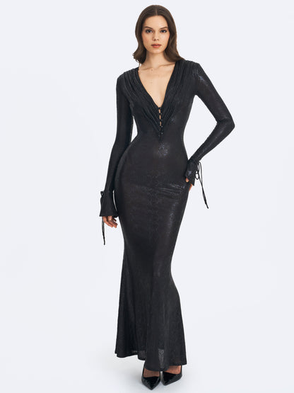 Ilysia Black V-Neck Plunge Snakeskin Mermaid Hem Maxi Dress