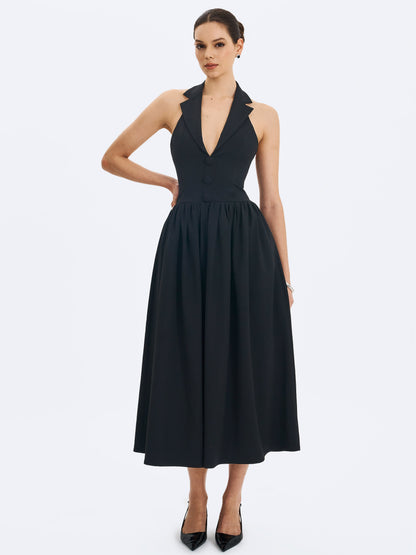 Delaney Black Lapel Halter Midi A-Line Dress
