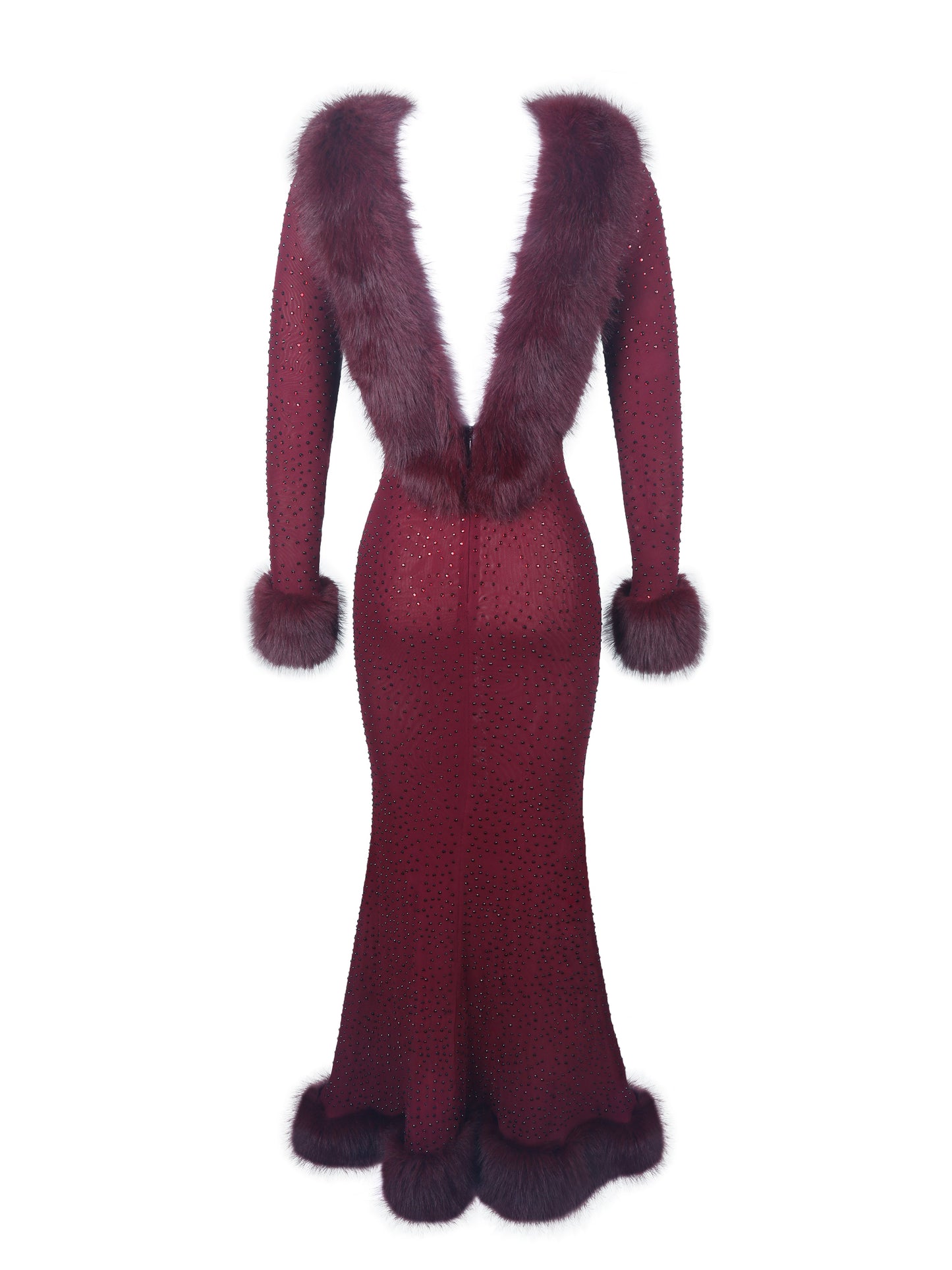 Mellie Burgundy Regular-Length Rhinestone Mesh Low Back Mermaid Gown