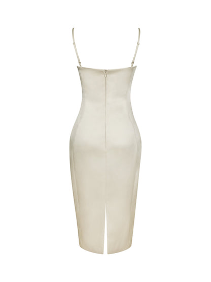 Gracie Butter Yellow Ruched Satin Midi Dress