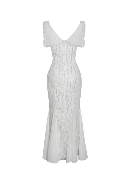 Paola White Peter Pan Collar Beaded Sequin Mermaid Midi Dress