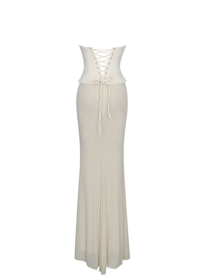 Adelina Butter Yellow Peplum Mermaid Gown with Lace-up Back