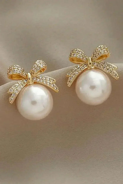 Gold Bowknot Pearl Earrings | Rhinestone Accent Jewelry - Femstylo
