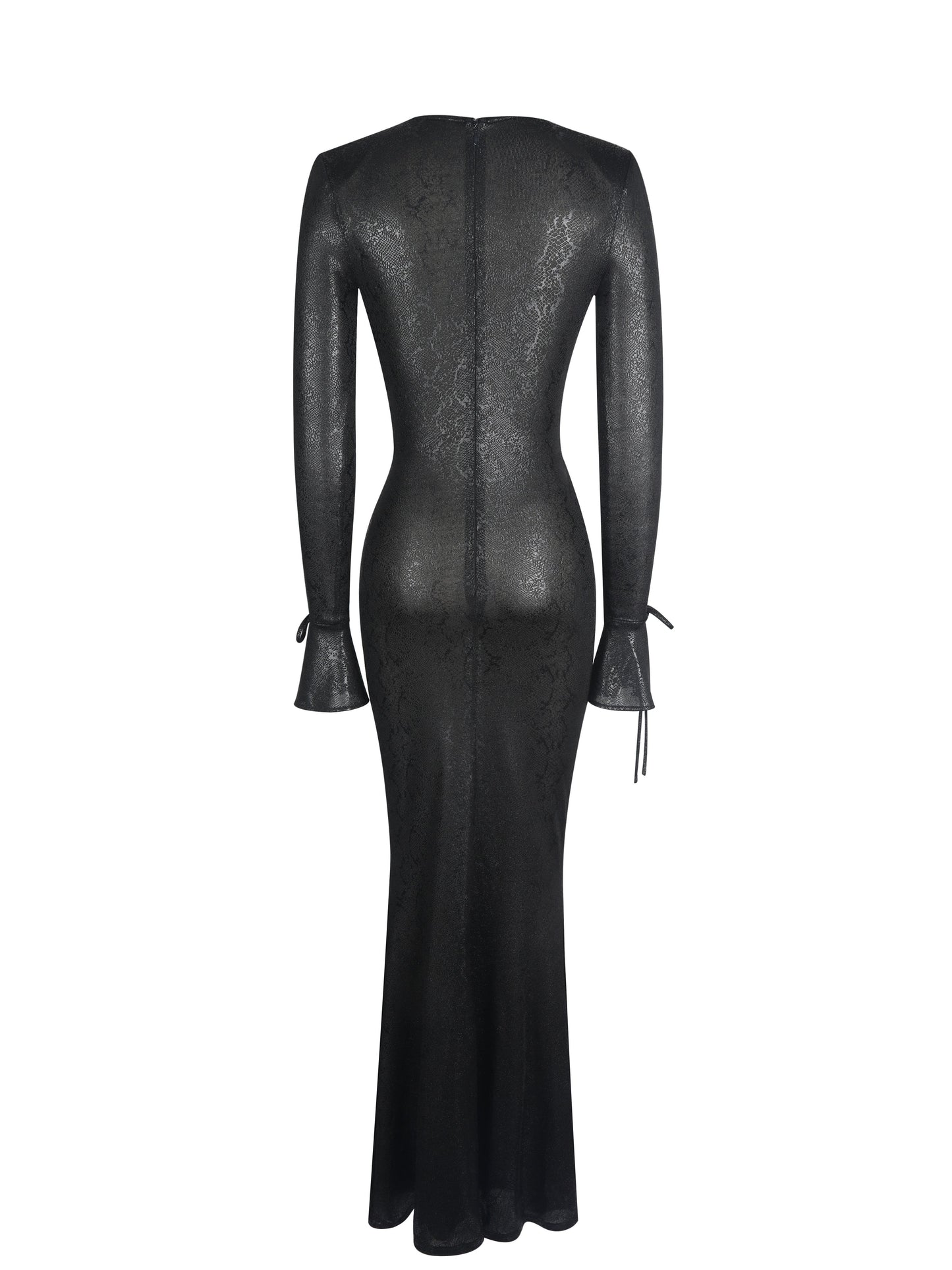 Ilysia Black V-Neck Plunge Snakeskin Mermaid Hem Maxi Dress