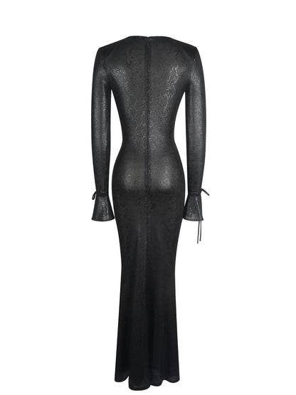 Ilysia Black V-Neck Plunge Snakeskin Mermaid Hem Maxi Dress