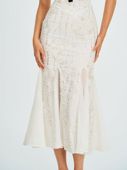 Paola White Peter Pan Collar Beaded Sequin Mermaid Midi Dress