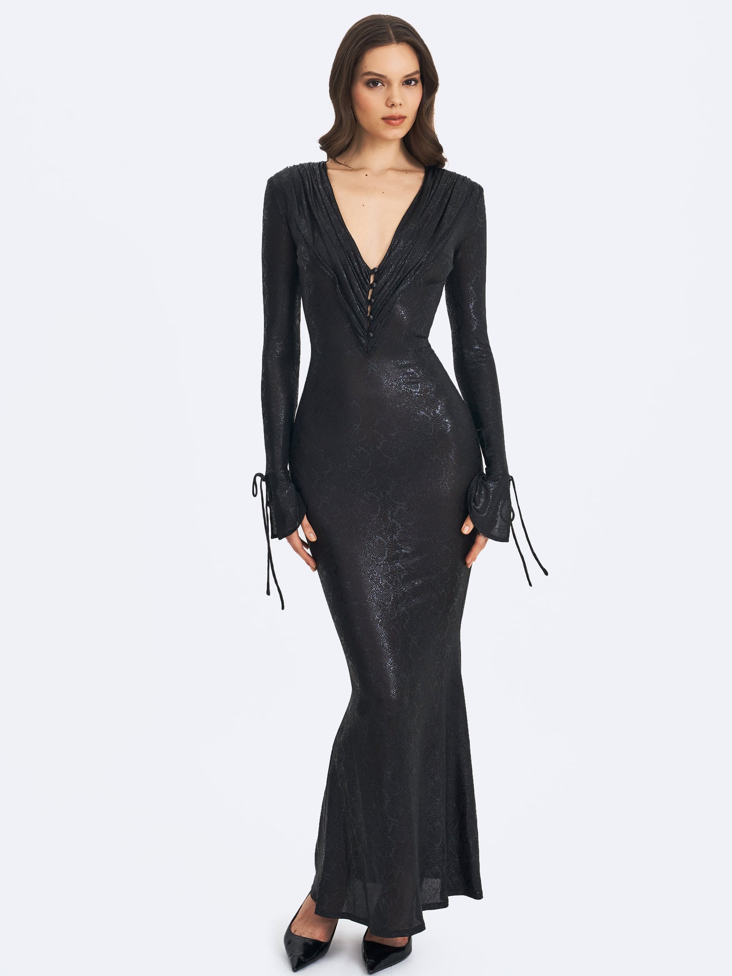 Ilysia Black V-Neck Plunge Snakeskin Mermaid Hem Maxi Dress