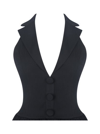 Delaney Black Lapel Halter Midi A-Line Dress