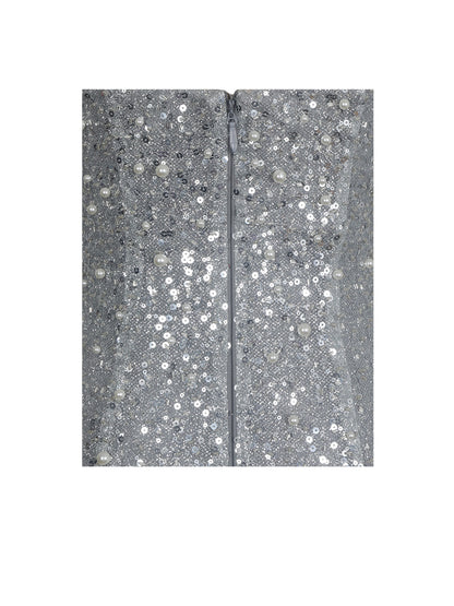 Noelle Silver Sequin Pearl-Embellished Sweetheart Maxi Dress