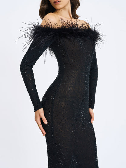 Emberly Black Fur Trimmed Off-Shoulder Rhinestone Mermaid Maxi Dress