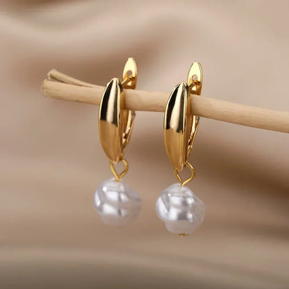 Circle Earrings For Women Vintage Punk Round Baroque Pearl Earrings Stainless Steel Circle Ear Clip Women Jewelry Gift Mujer