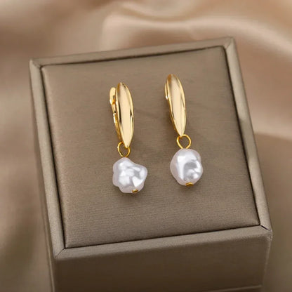 Circle Earrings For Women Vintage Punk Round Baroque Pearl Earrings Stainless Steel Circle Ear Clip Women Jewelry Gift Mujer