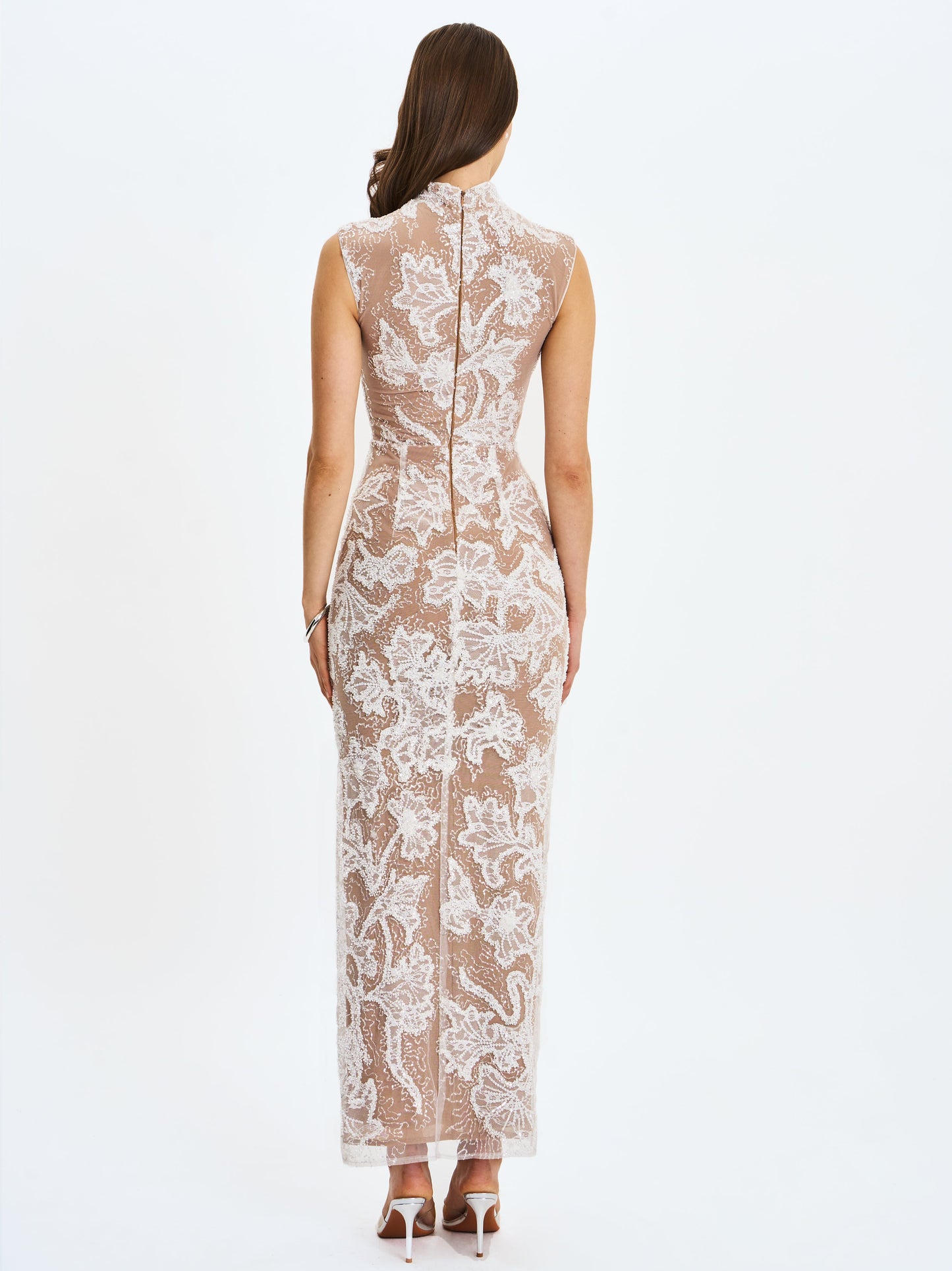 Tavia White Beaded Teardrop Neckline Maxi Dress