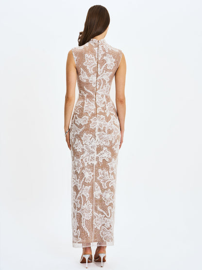 Tavia White Beaded Teardrop Neckline Maxi Dress