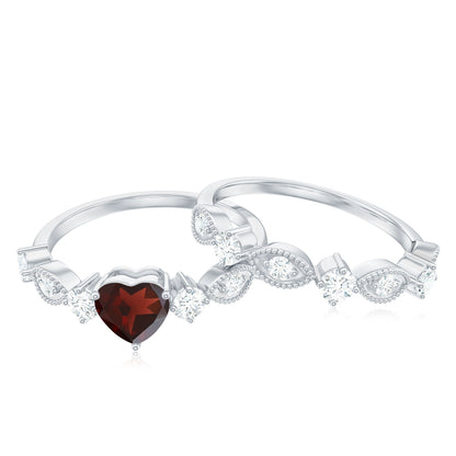 Natural Garnet Diamond Heart Engagement Ring with Wedding Band