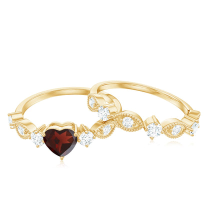 Natural Garnet Diamond Heart Engagement Ring with Wedding Band